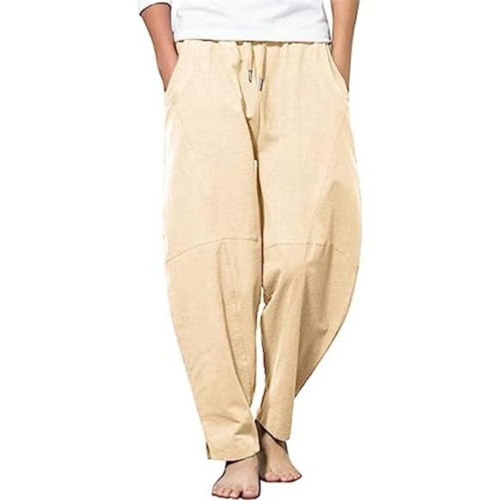 Casual Harem Pants Men Cotton Linen Beige Loose Hippie